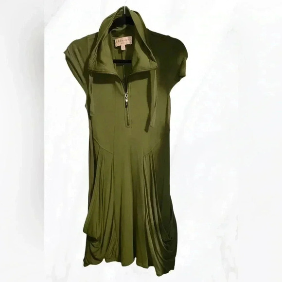 Philosophy stretchy cap sleeve 1/2 zip green slouchy pocket midi dress  S - Picture 2 of 5